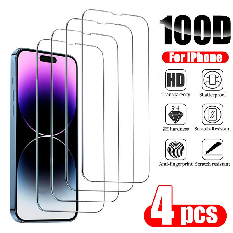 4PCS Full Cover Tempered Glass For iPhone 11 12 13 14 15 Pro Max Screen Protector For iPhone 11 12 13 14 15 Plus Glass Film