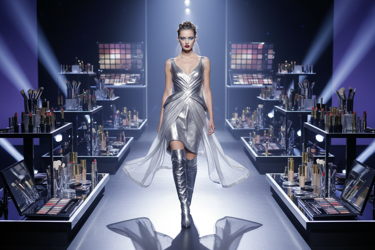 Beautiful runway model walking down isle towards camera with a ton of makeup products in the back 